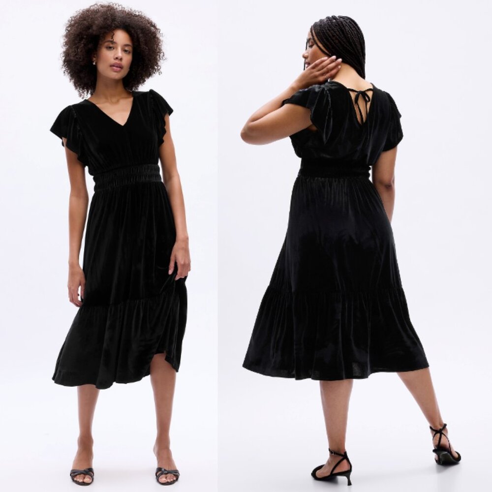 NWT GAP Velour Smocked Short Flutter Sleeve Midi Dress Black Size XL